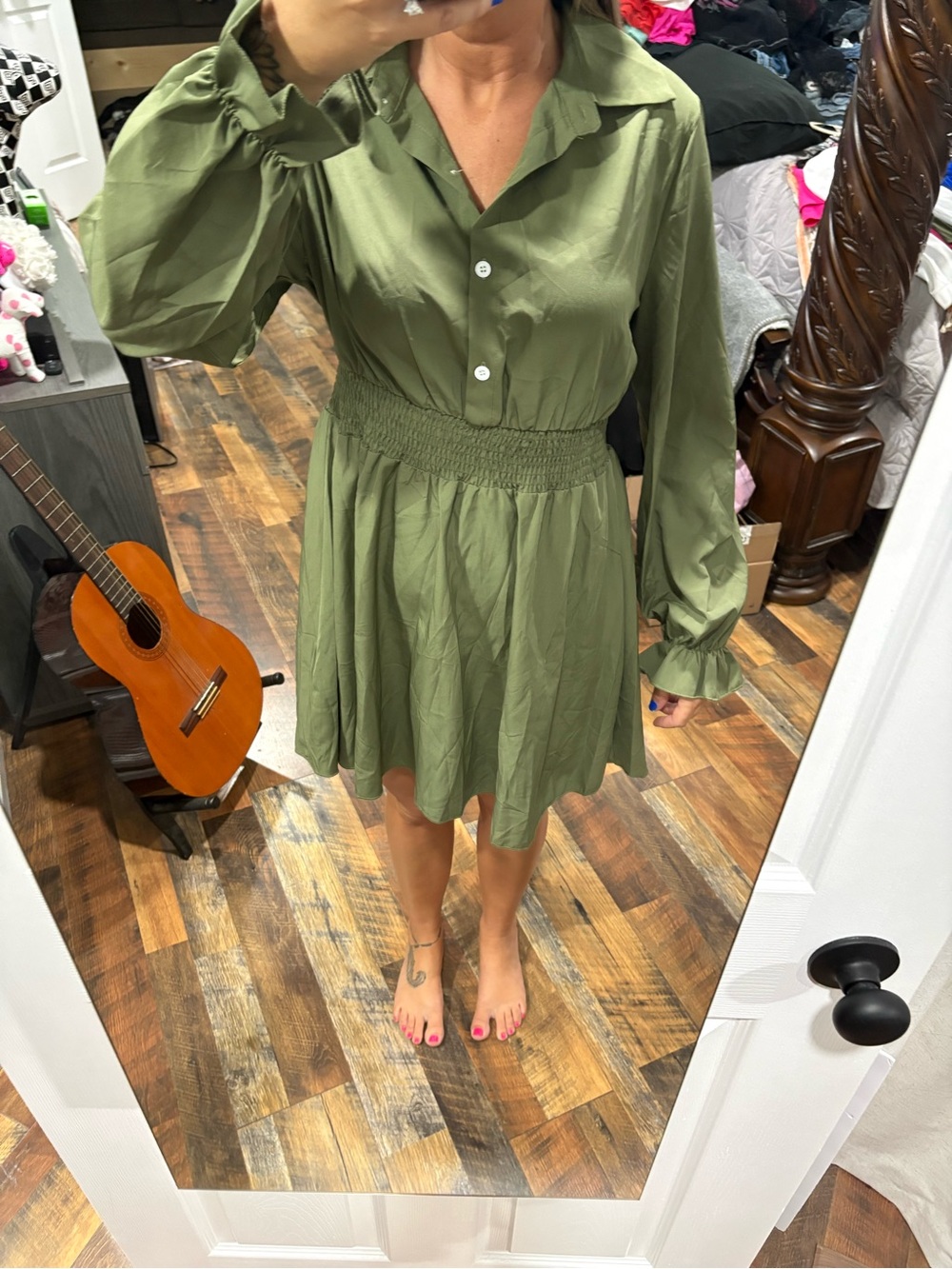 Women’s Olive Green Smocked Waist Shirt Dress